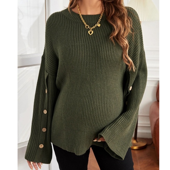 Maternity Green Knit Button Detail Sweater Top - Picture 1 of 7